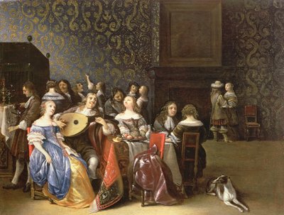 Elegant company merrymaking in an interior by Anthonie Palamedesz